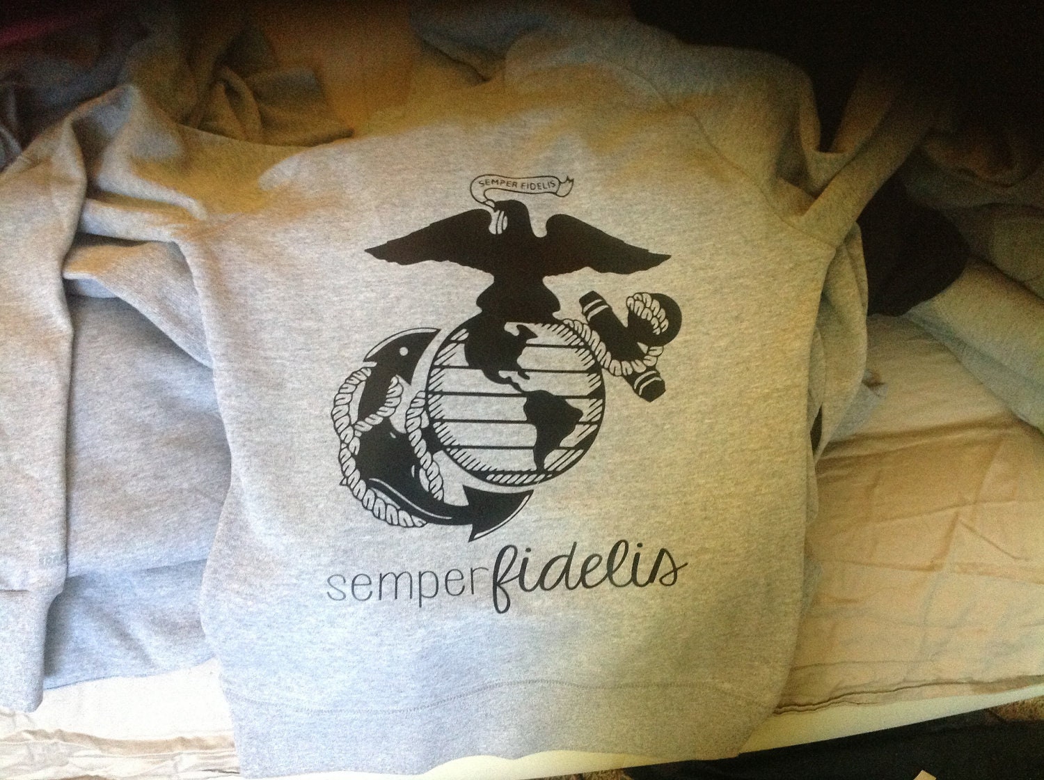 Grey pullover hoodie. semper fidelis EGA at ease designs military usmc navy army usaf uscg