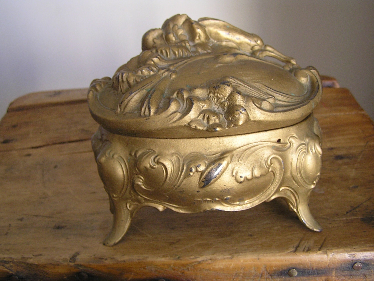 Vintage Trinket Box - Gold painted metal box with blue lining