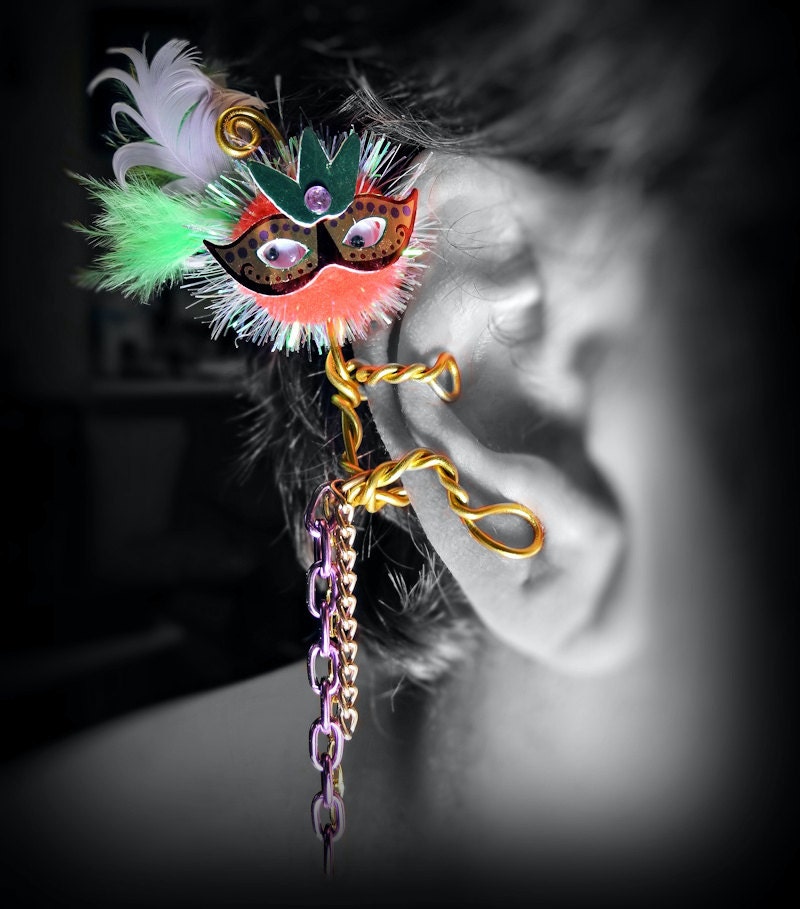 Masked Monster Ear Cuff - Mardi Gras, Wire Wrap, Critter, Pom Pom, Creature, Feathers, Neon Colors - Unique Jewelry for a Unique You