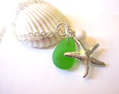 Sea Glass Starfish Necklace in Kelly Green with swarovski pearl - Perfect Necklace for Mermaid bridesmaids