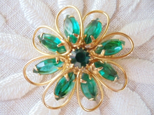 Vintage Brooch Green Marquise Open Back Rhinestones