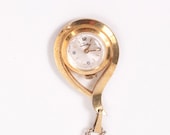 Vintage Chateau Pendant Clock Necklace Gold Tone Brushed Gold Swiss Made Watch