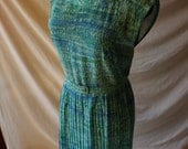 vintage dress / 1960s dress / turquoise print / belted dress w/ pleated skirt and matching shrug