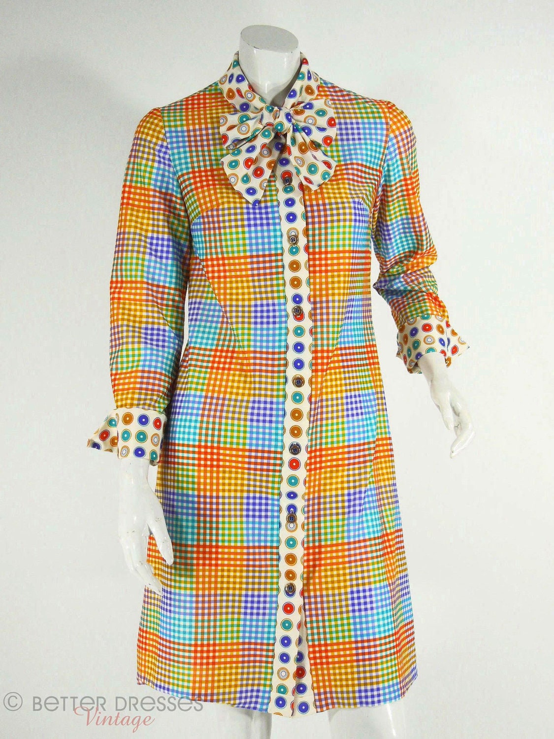 60s or 70s Bright Plaid and Polka Dot Shift Dress TREASURY ITEM