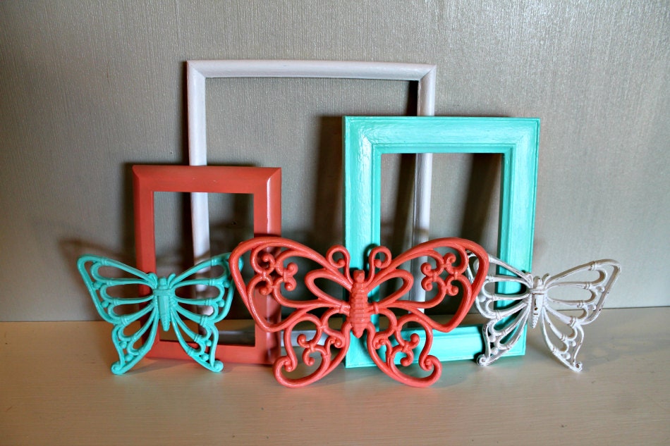 Shabby Chic Antique White / Tropical Orange / Key West Ocean Blue / Painted Frames / Butterflies - Upcycled Grouping - Set of 6