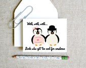 look who got too cool for condoms sarcastic cute pregnancy baby congrats animal illustration card penguins couple funny snarky