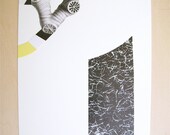 SALE Flying Coral Collage with Yellow, Antique Lithograph, Found Black and White Paper, and Colored Paper on Heavyweight Off-White Paper