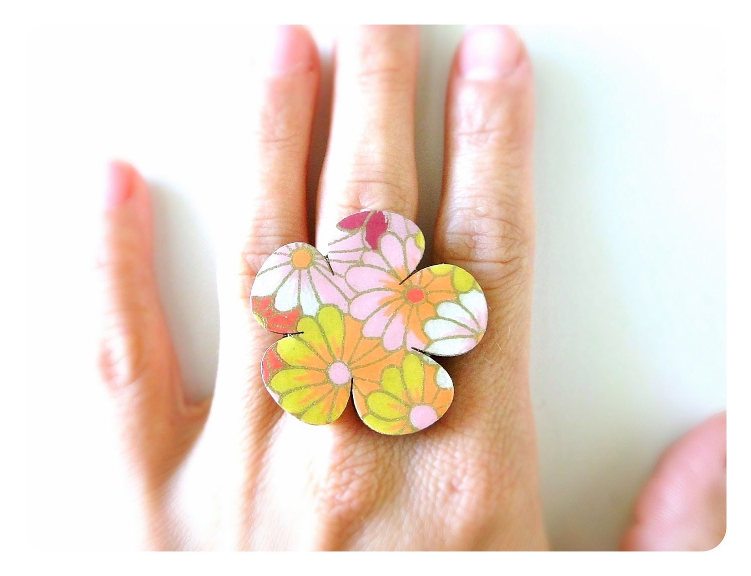 Flower Ring, Fall colors, Large, Laser Cut Jewelry, Japanese Chiyogami Ring, Adjustable, Flower Shape, Statement Piece, Wood Ring