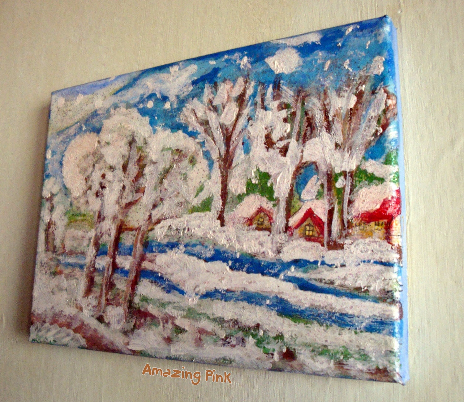Winter, Original Mixed Media Painting on 9,5" x 7" Canvas