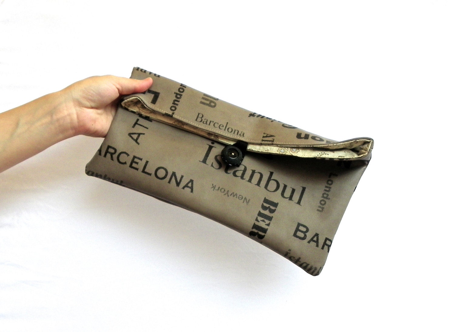 Fold Over Clutch, FREE SHIPPING, Taupe Faux Leather Foldover Clutch, Beige and Black Pouch