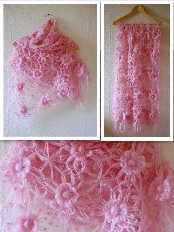 pink crochet scarf , floral mohair scarves