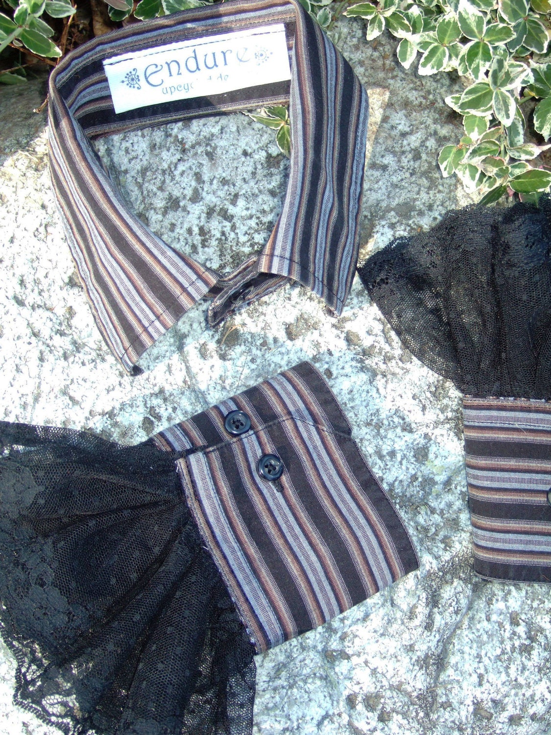 Upcycled Steampunk Clothing - Shirt Collar and Cuffs Black and Brown Striped with Black Lace Trim - Med Hatter - Alice in Wonderland
