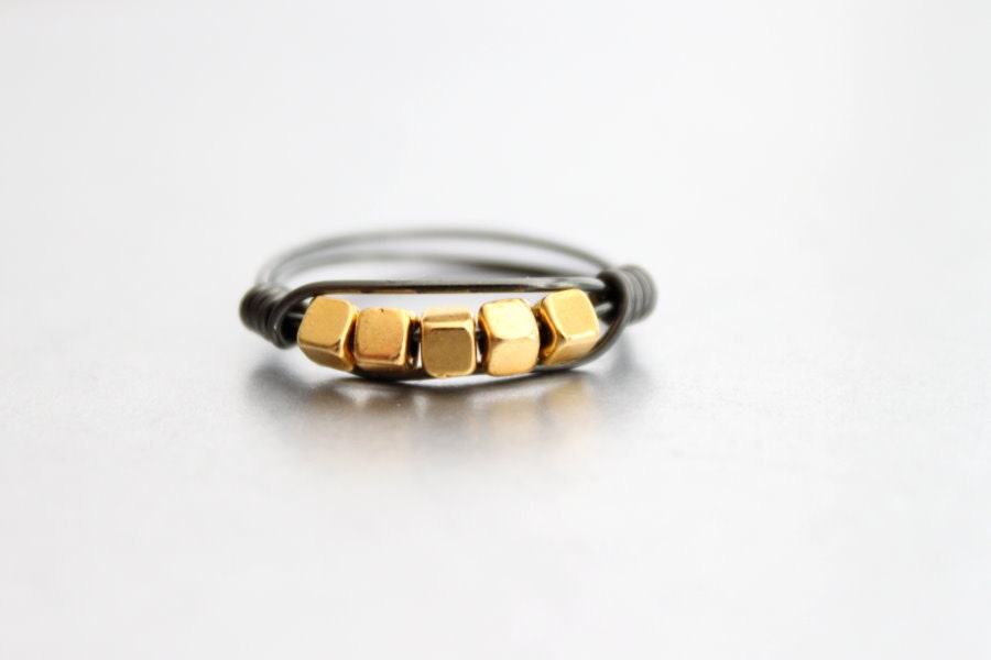 Modern Gold Ring - Mixed Metal Ring, Dark Silver and Gold, Handmade Wire Wrapped Ring, Stacking Cube, Industrial, Gift Under 15
