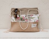 Large Beach Bag Beach Tote Upcycled Khaki Pink Vintage Fabric Recycled Repurposed