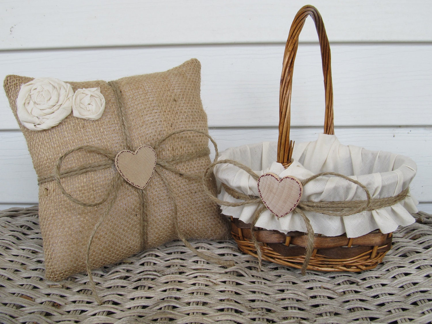 Personalized Rustic Flower Girl Basket and Ring Bearer Pillow