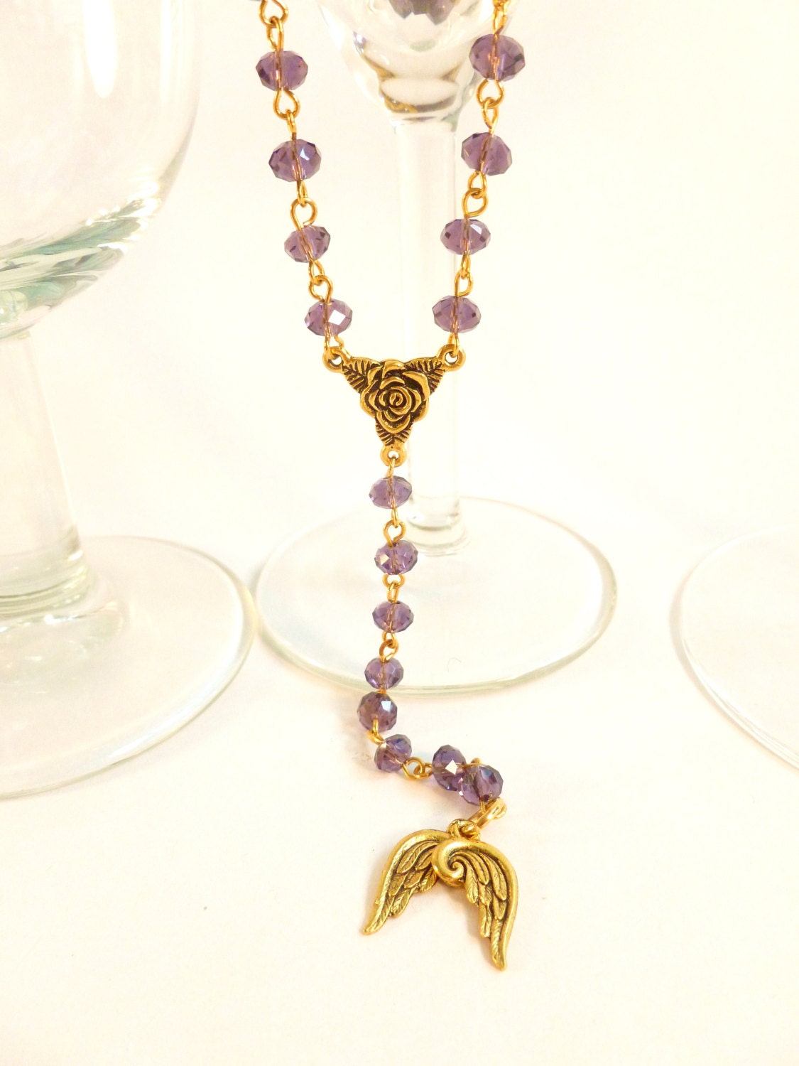 Purple Crystal with Gold Wings and Roses Extra Long Rosary Style Necklace