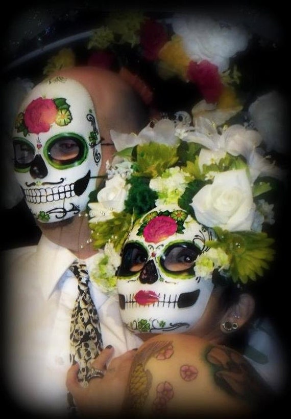 Wedding Masks : Custom Sugar Skulls Set of 2 Day of the Dead Rockabilly