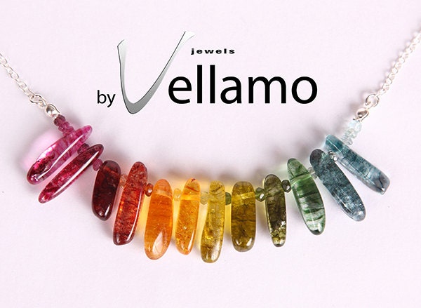 Rainbow sterling silver necklace with rainbow colored rock crystals and rainbow tourmaline gemstones, colorful delicate necklace