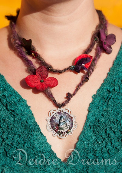 Pagan Tribal Yule Tree Art Yarn Necklace - Polymer Clay Flowers - Polymer Clay Cameo - Wearable Art Jewelry - Winter Holiday Fiber Jewelry