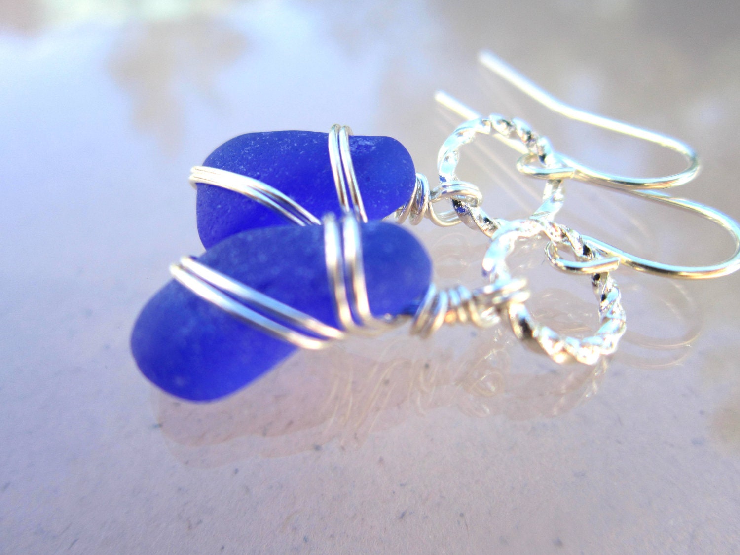 Cobalt Blue Sea Glass Earrings, Twisted Silver Rings and Wire Wrapped Blue Sea Glass