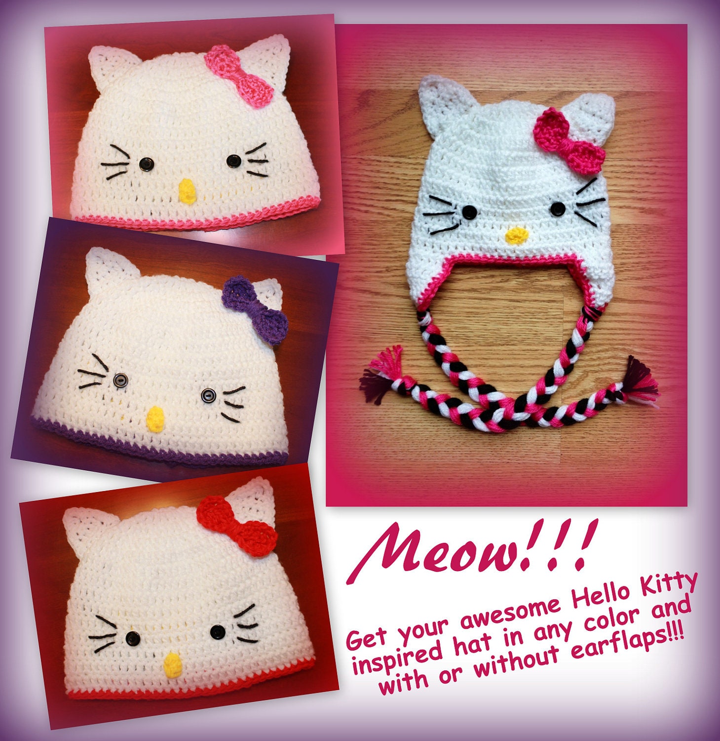 Hello Kitty inspired hat - any size - with or without earflaps and braids