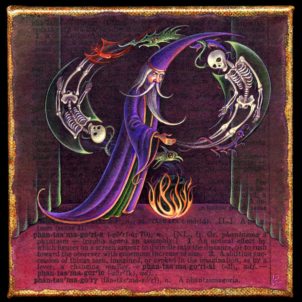 Phantasmagoria-- signed archival art print of magician with ghostly skeletons & creatures, letter P, purple, curious art
