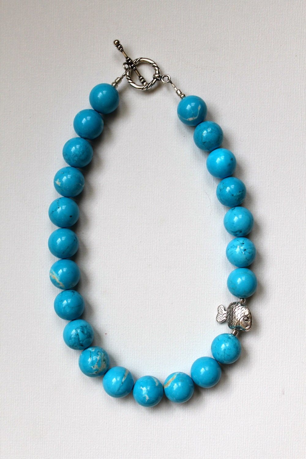 Atlantic necklace - bright, classic, preppy blue howlite stone beads accented with silver plated fish