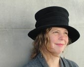 Women's Black Edwardian Wool Crepe Hat -Ladies' Custom Made Hat-1920's Vintage Inspired Pleated  Cloche Hood- Turn of the Century