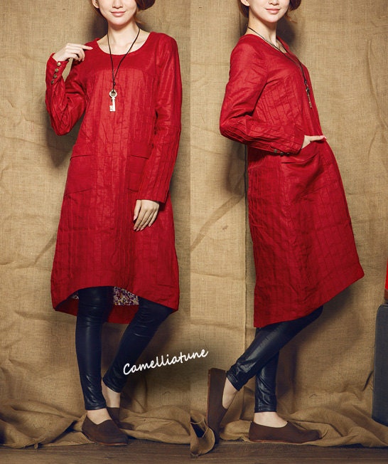 Red Tunic Dress / Longsleeve winter linen dress shirt dress - custom made