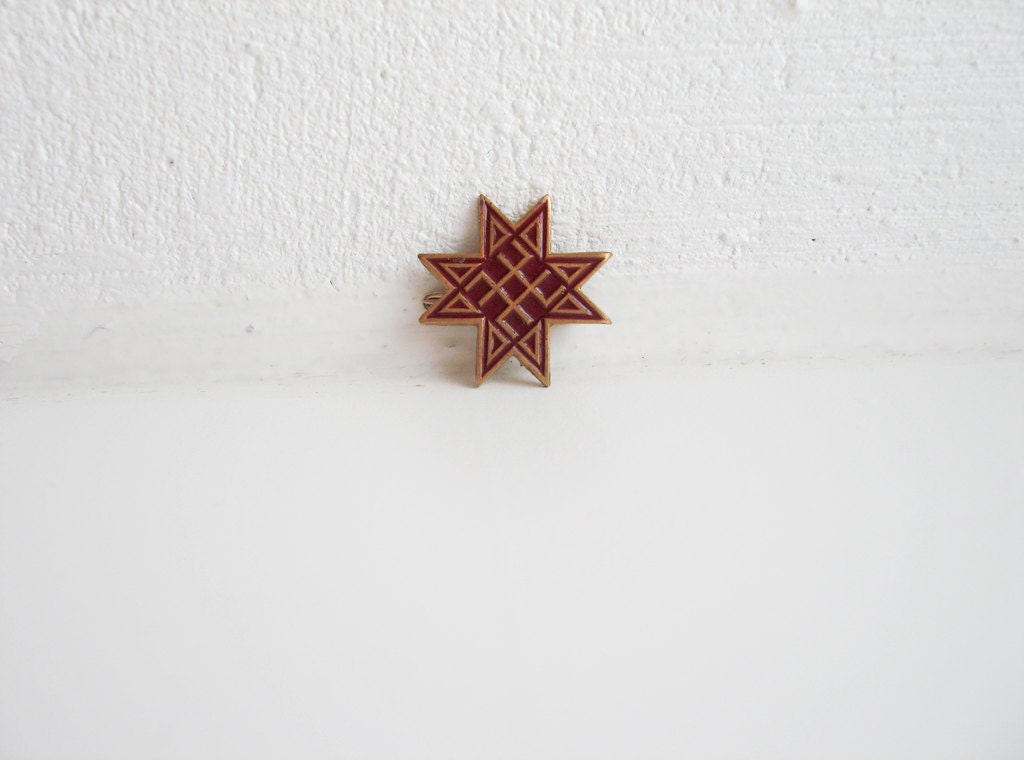 Latvian Folk Star Brooch, Red Pin, 80's Vintage