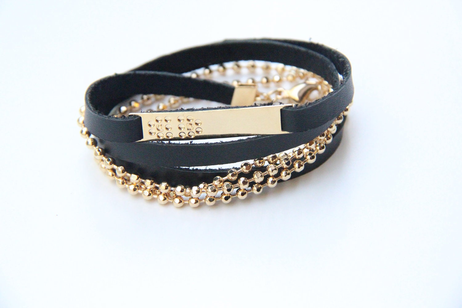 Arm wrap - 3 times- Black leather and 24k gold plated chain