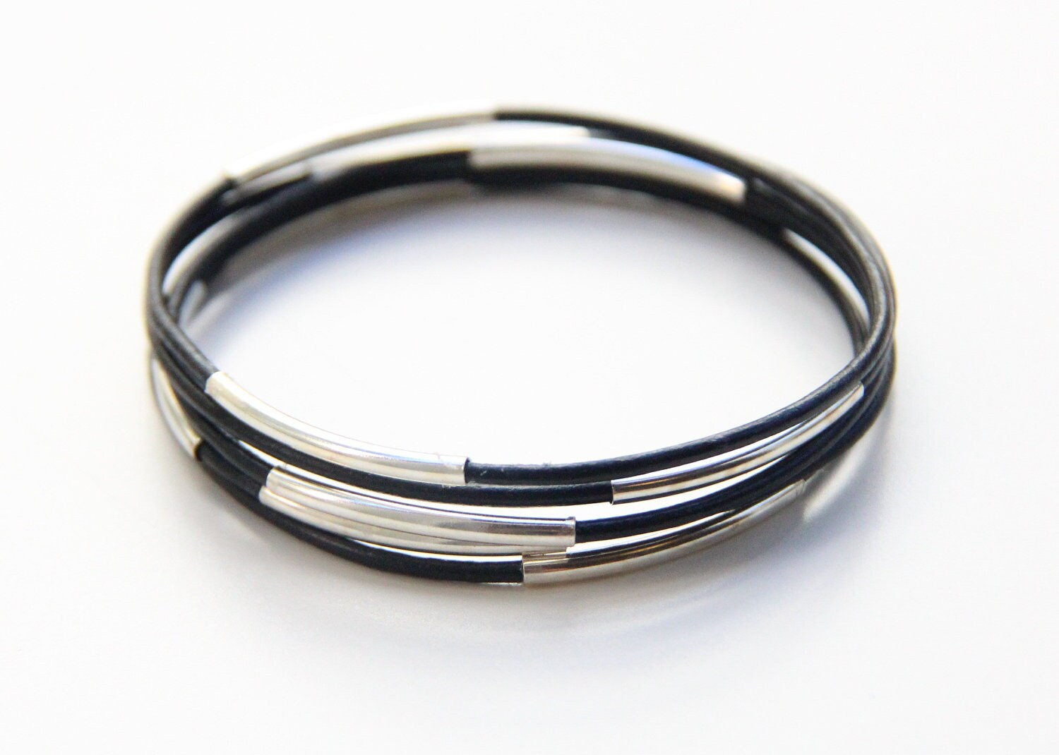 Set of 5 Black leather Bangle Bracelets with silver plated bars
