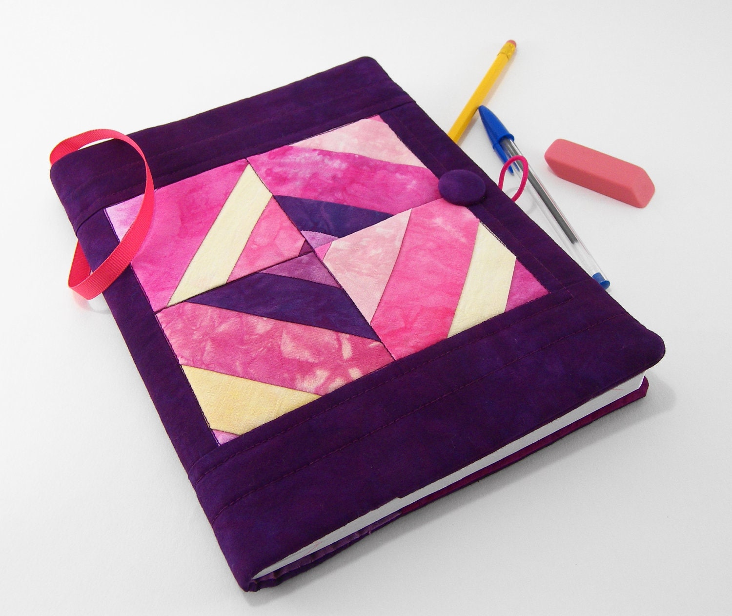 Composition Notebook Cover, Quilted Fabric Journal - Eggplant Purple, Pink, Yellow, and Peach Strip Pieced Hand Dyed Cotton