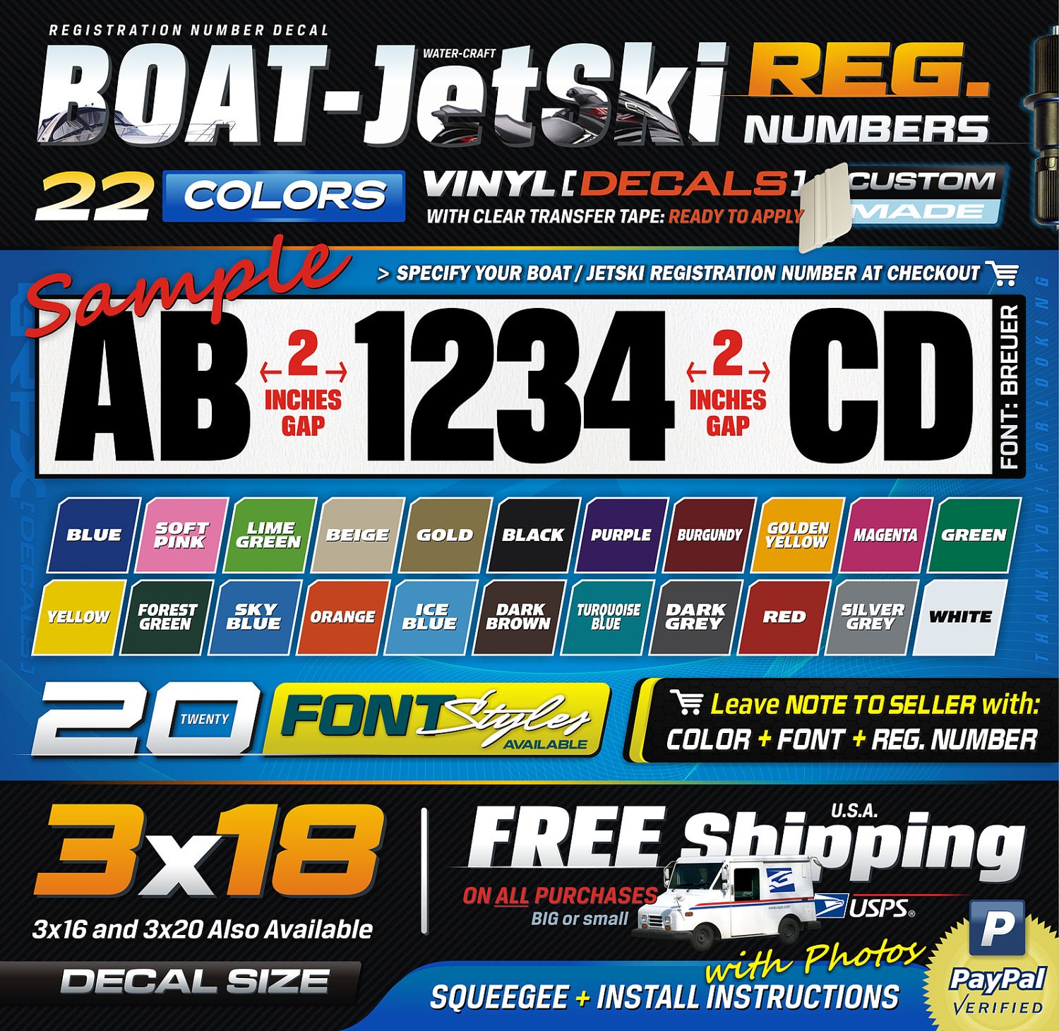 3x18 (2) Boat JetSki PWC Custom Registration Numbers Vinyl Decal 1 Color