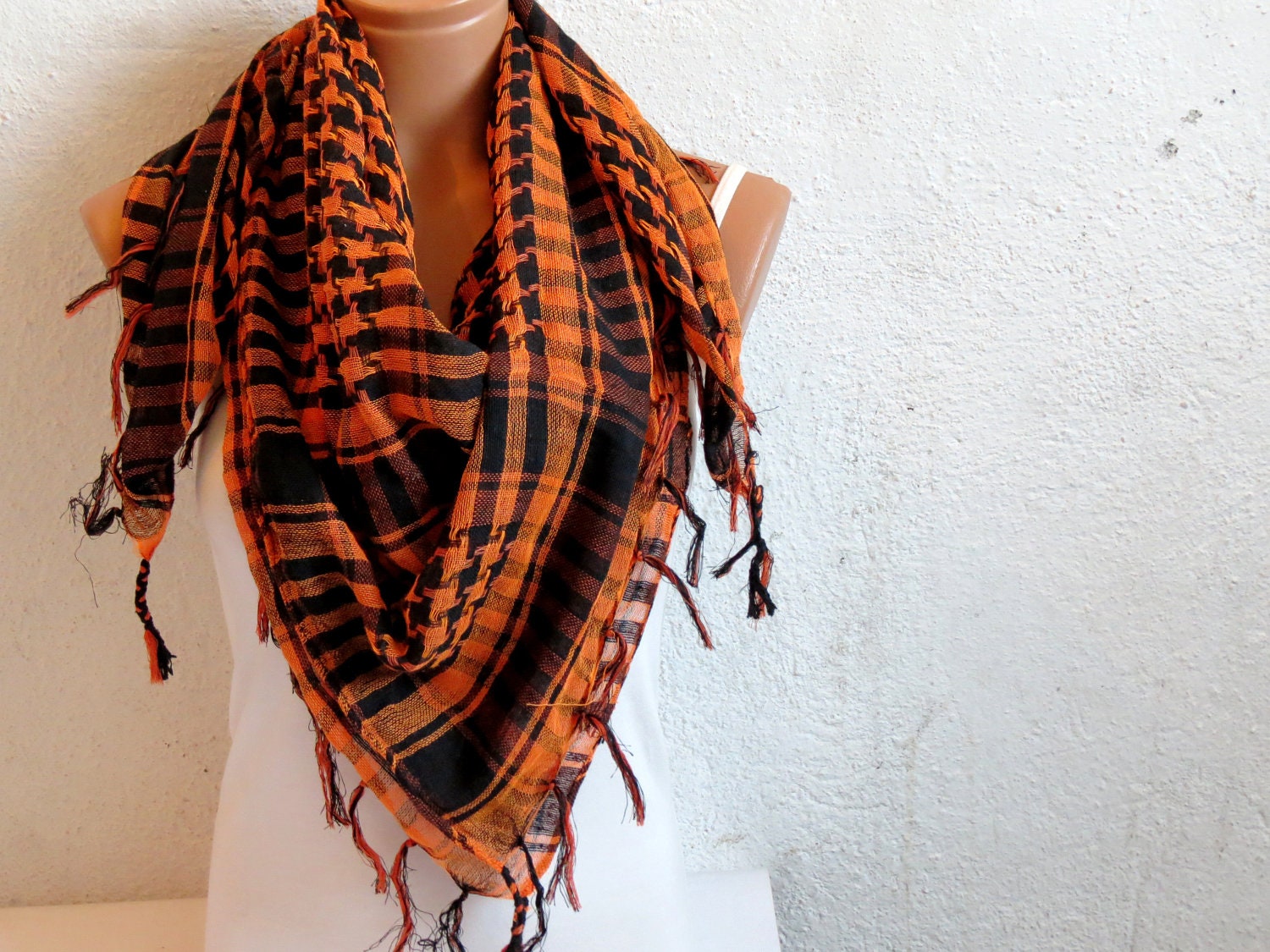 Halloween Fabric Scarves, Square Pattern, Orange Black, Fringed Scarf, Unisex Adult Scarves. Fashion.