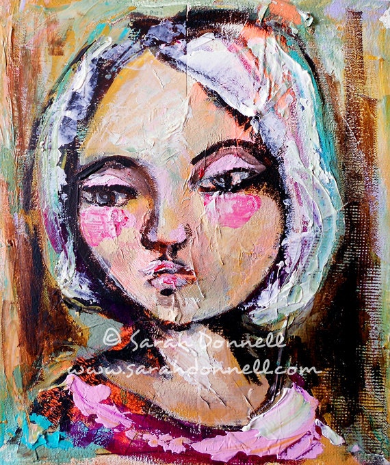 A4 Print Artwork Plum Aqua Pink Brown Mixed Media Girl Woman Painting Textural Beautiful Woman Portrait Recycled Pastel - Growing Trust