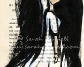 A4 Print Original Artwork Black White Minimalist Ink Drawing White Dress Vintage Book Page Australian Artist Sarah Donnell - Facing the Dark