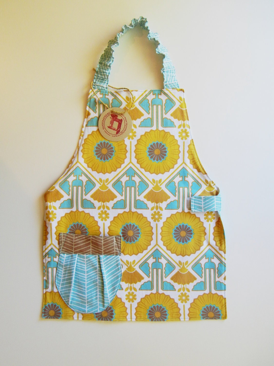 Size  5-7 yrs - Golden sunflower reversible children's apron - Joel Dewberry - teal, gold, brow