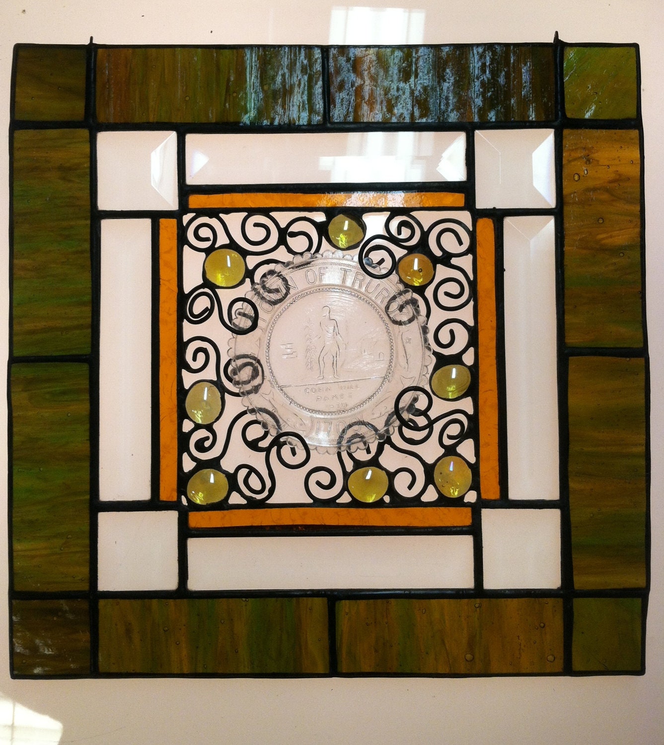 Cape Cod Town of Truro Cup Plate vintage center stained glass window panel-green yellow amber glass and gems bevels unique special gift