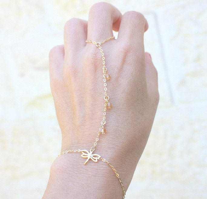 Ring bracelet - Slave bracelet ,delicate gold bracelet ring, tiny gold dragonfly bracelet, dainty slave bracelet, Cute Christmas Gift