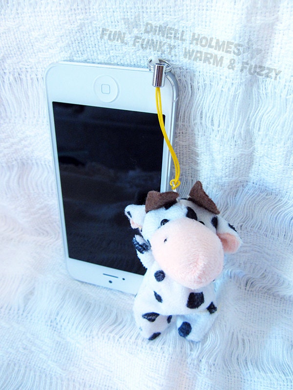 CLEARANCE SALE Cow Cell Iphone Anti Dust Plug Handmade Plush Charm Jewelry