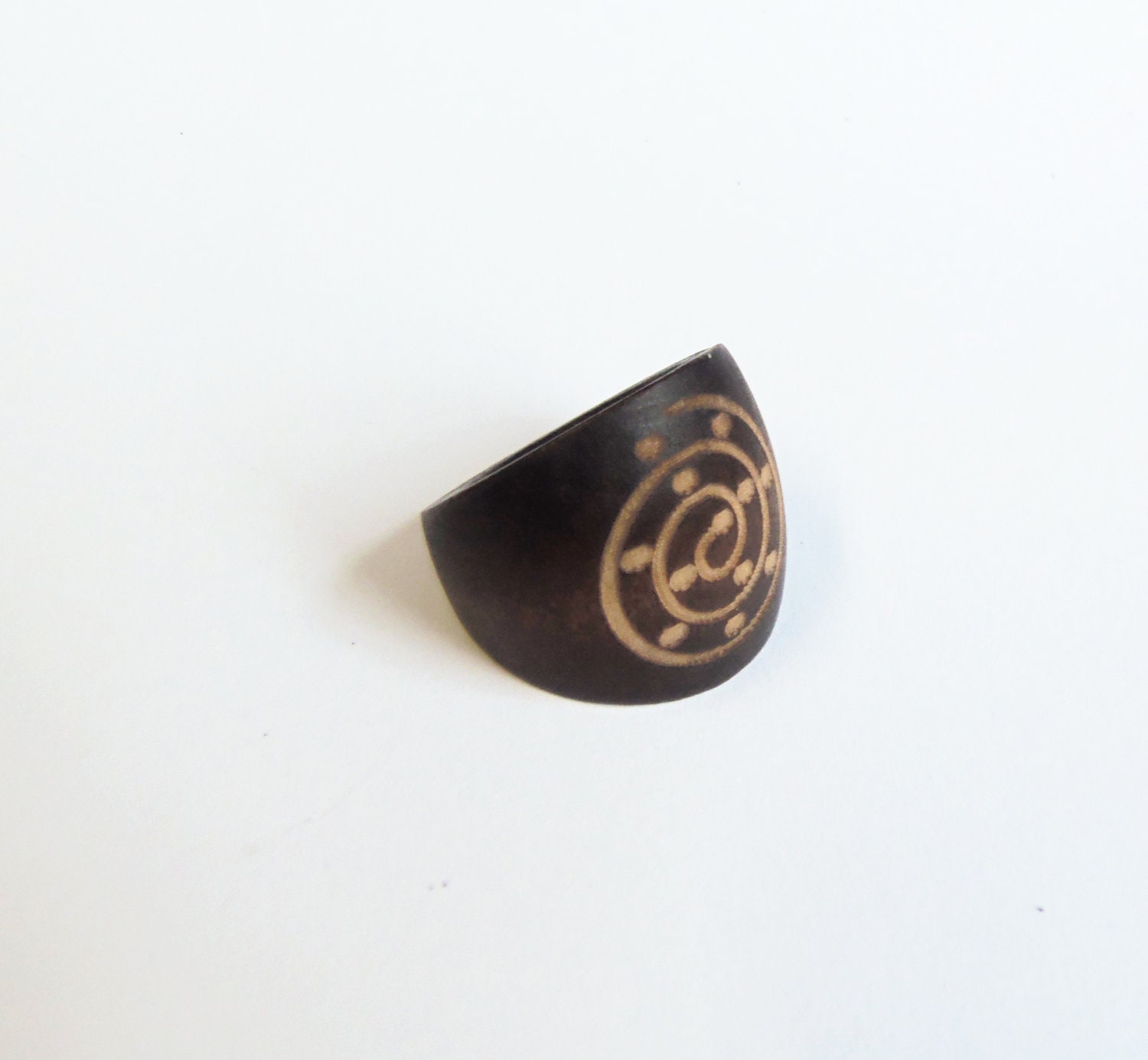Tribal wood ring pyrographed ring swirl ring