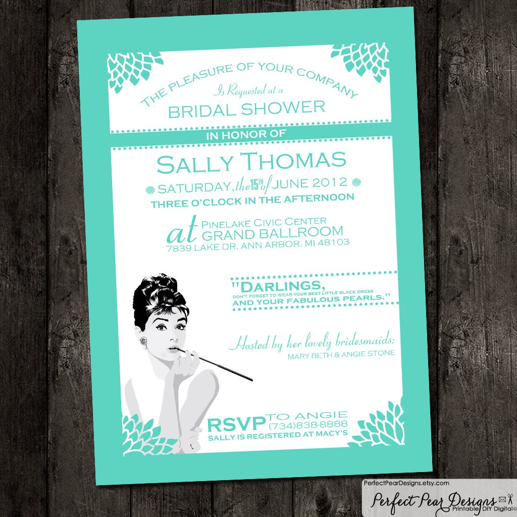 Breakfast at Tiffany's inspired Bridal Invitation - Tiffany Blue and White - Set can be customized to any Color Theme