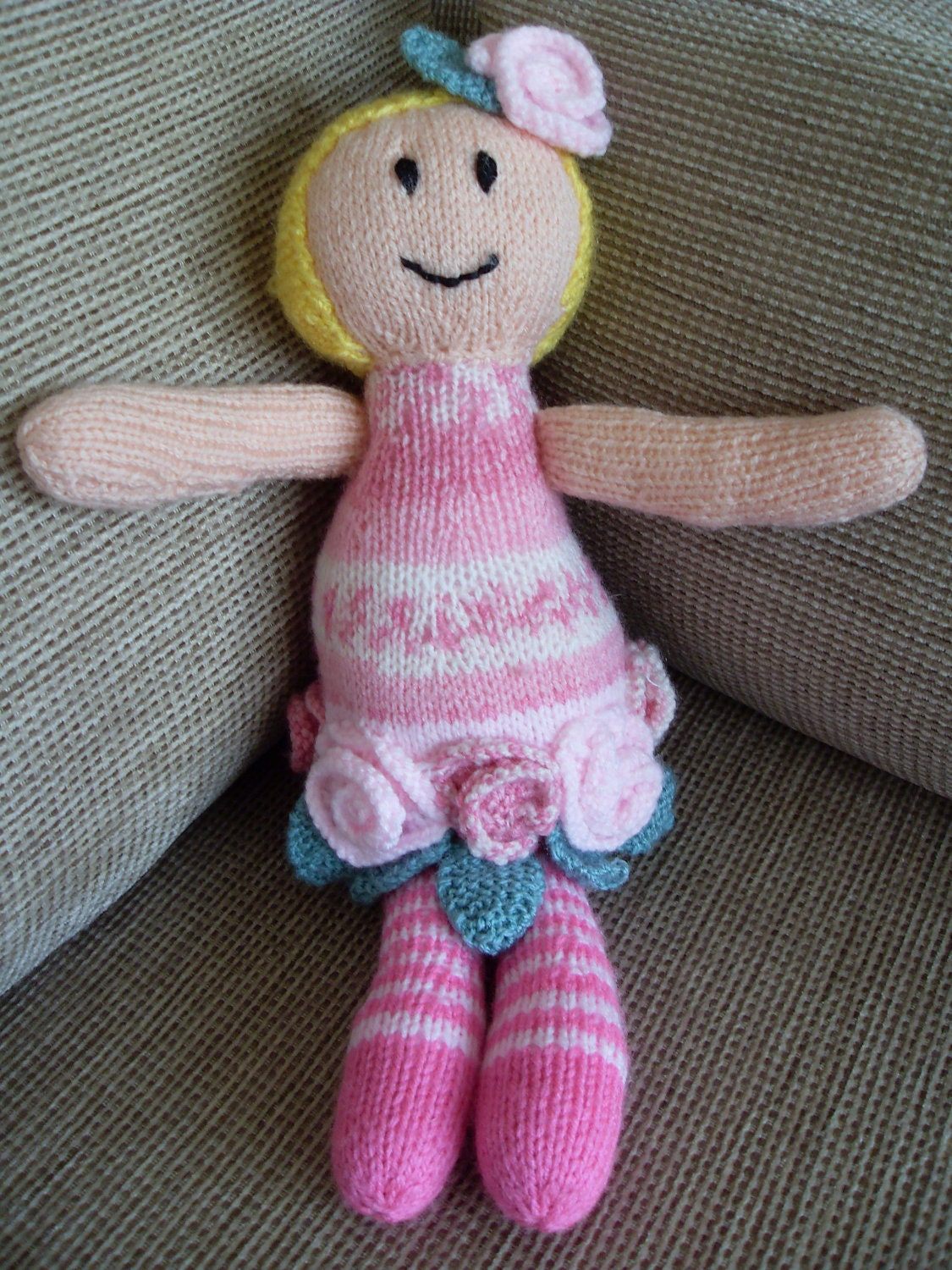 Flower Girl Soft Doll Toy for Baby & Children. Pink Ballerina Soft Doll Toy with Roses (suitable from Birth) Hand Knitted Toy / Dolly