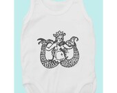 Queen of the sea (100% White cotton baby bodysuit with vintage double tailed mermaid print)