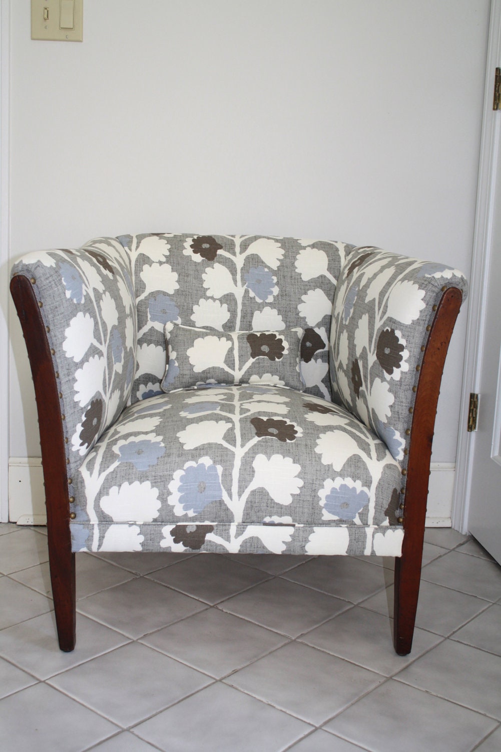 Vintage Mid Century / Antique wood upholstered arm chair, new cotton linen grey, white, and blue designer fabric