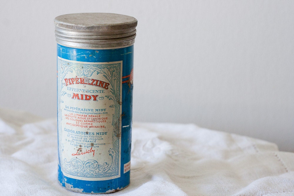 Metal French Vintage Medication Cylindrical Box Piperazine Midy