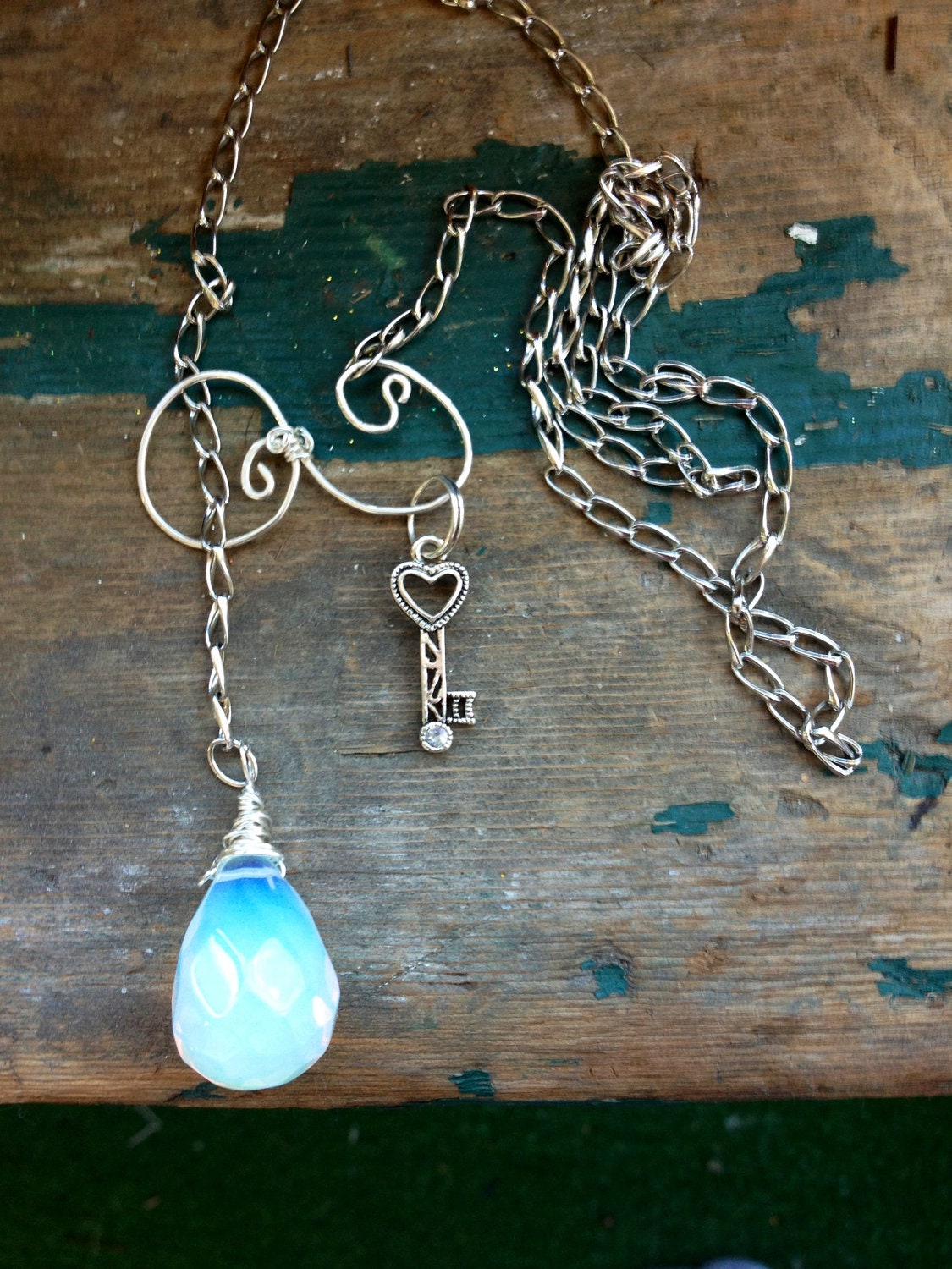 Opalite Silver Key, healing stones, wire wrapped lariat necklace