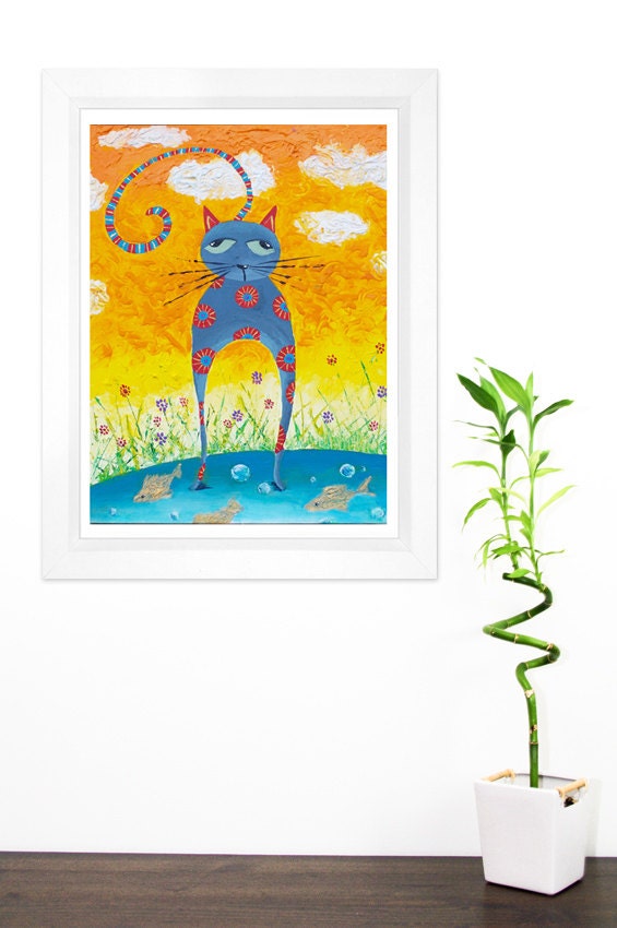 Funny Cat painting print Orange nursery decor cheerful children room wall art Grey kitty Illustration art - Pet painting a3 print 12x16
