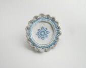 Textile jewelry, hand embroidery and crochet brooch, white, blue, gray, Hungarian cross stitch motif